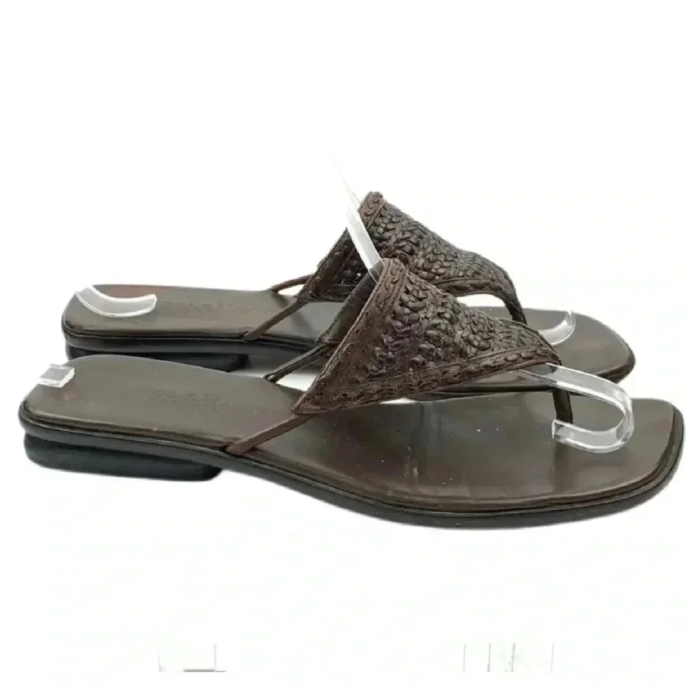 Cole Haan sandals size 6.5 brown leather woven flip flops square toe vintage 90s